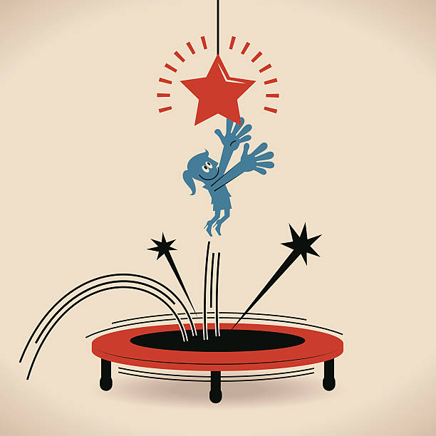 illustrazioni stock, clip art, cartoni animati e icone di tendenza di donna d'affari cercando di intercettare stelle in pedana elastica per saltare - trampolino