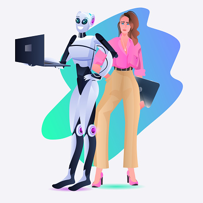 businesswoman with female robot using laptops artificial intelligence technology concept