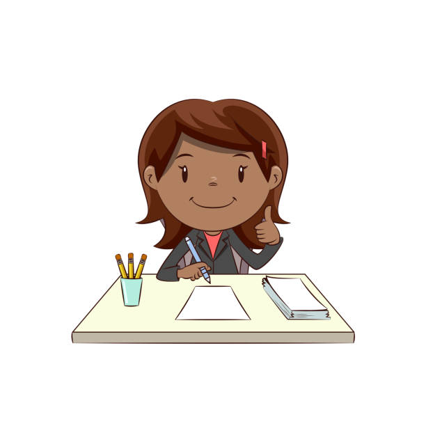 Businesswoman working at desk, happy cute kid Business girl working at desk, happy cute kid, businesswoman, activity, writing, office, occupation, president, one, young, woman, study, person, cartoon character, smiling, pretty, vector illustration, isolated, white background writing activity clipart stock illustrations