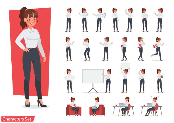 ilustrações de stock, clip art, desenhos animados e ícones de businesswoman working character design set. vector design. - personagens