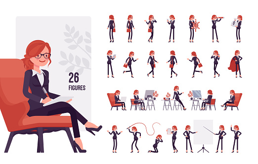 Businesswoman, young red haired office worker character set, pose sequences