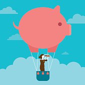 Business concept illustration of a businesswoman / executive on a hot air (piggy bank) balloon and looking with binocular.