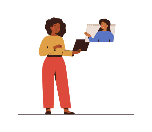 Businesswomen discuss projects via video call. Girl talks with her friend online. People communicate and work remotely and using laptop for meetings. vector art illustration