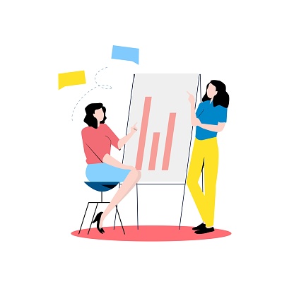 Businesswomen doing flip chart presentation. Office worker presenting financial report, project brief at meeting, workshop, course, lecture concept flat vector illustration