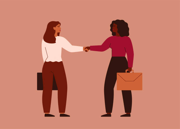 Businesswomen shake hands and look at each other. Young female entrepreneurs made a deal or agreement and will work together on some project. vector art illustration