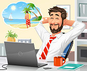 Vector illustration of a young businessman with a beard sitting in his office in front of a laptop leaning back in his chair, dreaming of getting away from it all on a tropical vacation. Concept for work and vacations, online travel booking, travel agencies, daily routine, escapism, dreaming, day dreaming and exhaustion.