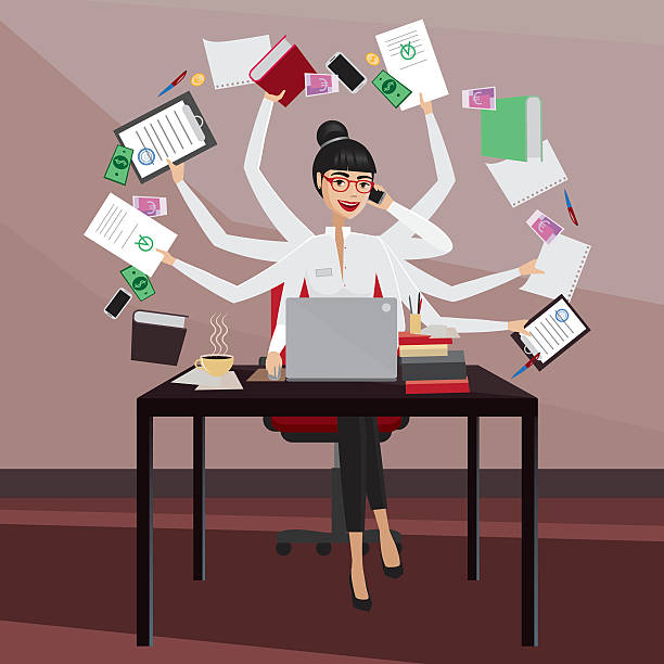 Busy business woman Multitasking business woman working in the workplace administrator stock illustrations