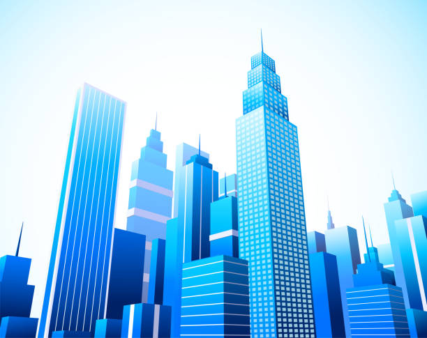 A busy city with beautiful building and sky scrapers Vector illustration of downtown district. looking up stock illustrations