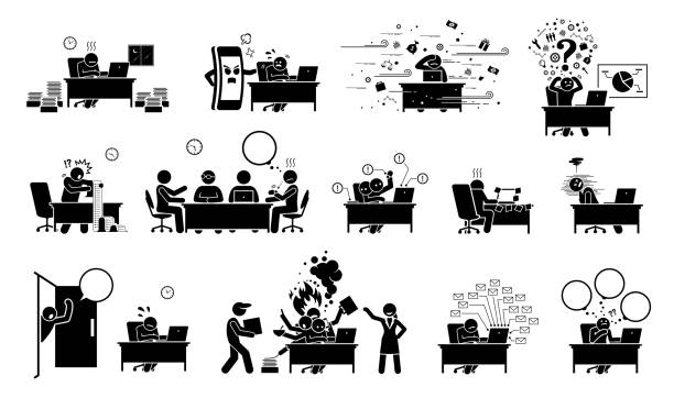 Busy executive, CEO, worker, or businessman at office stick figure pictogram icons. Vector illustrations of overworked, exhausted, tired, and overloaded man with too much work and distractions. chaos stock illustrations