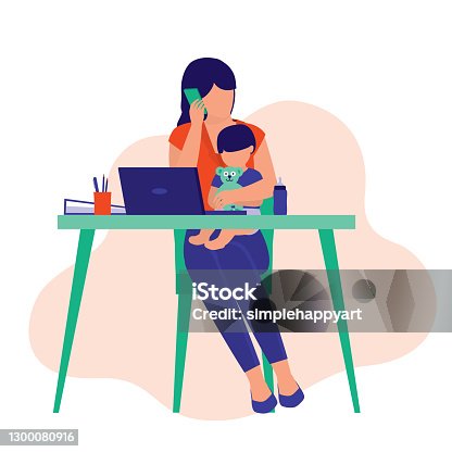 istock Busy Housewife And Businesswoman Working From Home. Business And Parenting Concept. Vector Illustration Flat Cartoon. 1300080916