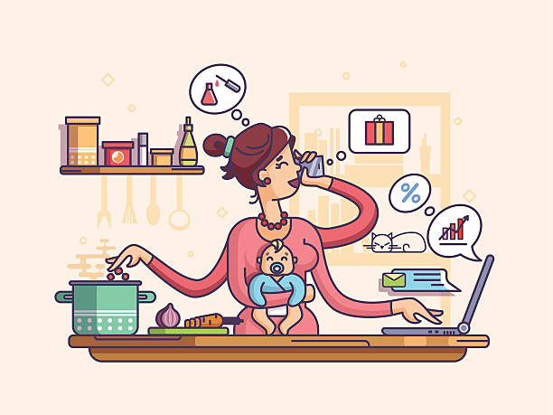 Busy mother with baby Mother nursing baby, preparing to eat, talking on phone and works. Vector illustration gender stereotypes stock illustrations