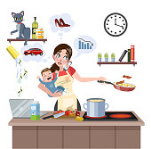 Busy multitasking mother with baby failed at doing many thing at once. Tired woman in stress with messy around. Housewife lifestyle. Isolated flat vector illustrationv