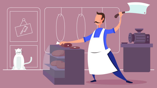 ilustraciones, imágenes clip art, dibujos animados e iconos de stock de carnicero cortando un pice de carne - meat loaf