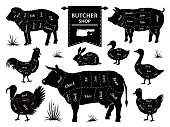 Butcher diagrams. Animal meat cuts, cow pig rabbit lamb rooster domestic animals silhouettes. Vector retro butcher shop s set