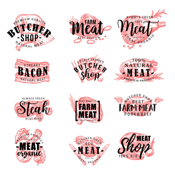 Butcher shop and meat products, vector Meat products lettering icons, vector butchery or butcher shop signs. Farm grown beef filet tenderloin or sirloin, pork bacon, turkey or chicken legs, liver, mutton ribs and cutlet with laurel meatloaf stock illustrations