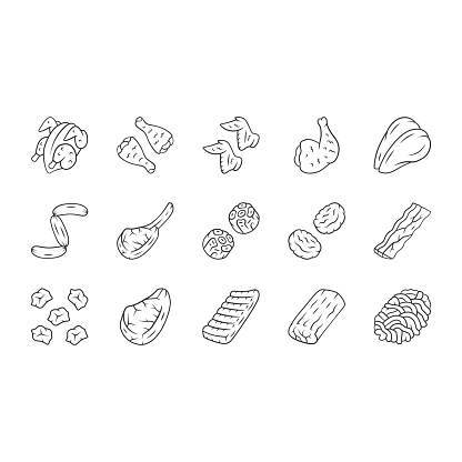 Butchers meat linear icons set. Chicken drumsticks, breast and ham. Bacon, burger patties, steaks, oxtails. Butchery business. Thin line contour symbols. Isolated vector illustrations. Editable stroke vector