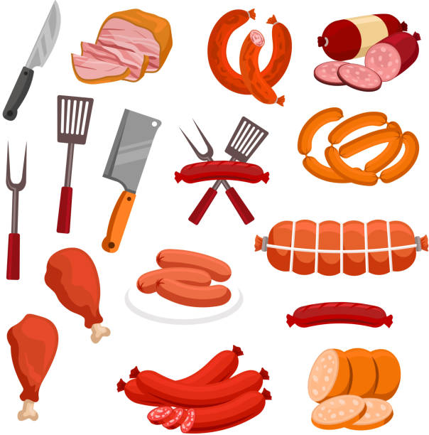 Butchery meat sausage salami vector isolated icons Meat and sausages vector icons. Butchery or butcher shop meat food products and delicatessen. Isolated grilled chicken legs and sliced pork bacon, beef ham and meaty wurst sausages, salami and smoked pepperoni with forks and knife hatchets meat loaf stock illustrations