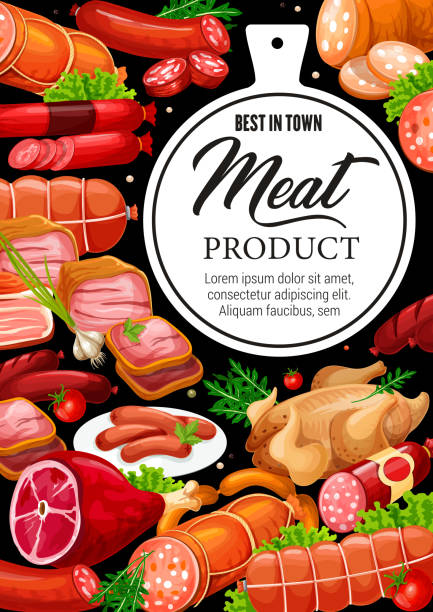 stockillustraties, clipart, cartoons en iconen met butchery vlees worst van rundvlees, varkensvlees en kip - chorizo