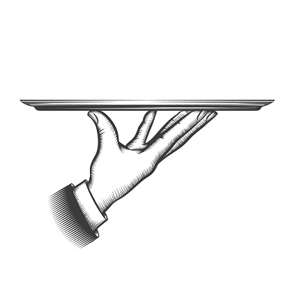 Butler serving tray. Service waiter hand hold dish for food or tray for catering services in sketching style, restaurant butler serve platter isolated vector