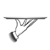 Butler serving tray. Service waiter hand hold dish for food or tray for catering services in sketching style, restaurant butler serve platter isolated vector