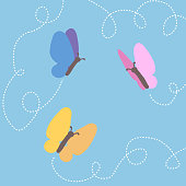 Vector illustration of 3 butterflies, blue, yellow and pink, flying in blue sky and leaving dashed line trace