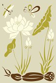 Vector Illustration of a little butterfly, a dragonfly flying around some lotus flowers.
