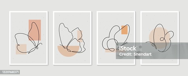 istock Butterfly wall art vector set. Boho foliage line art drawing with butterfly. Abstract Plant Art design for print, cover, wallpaper. Minimal and natural wall art. Moden line illustration. 1320168371