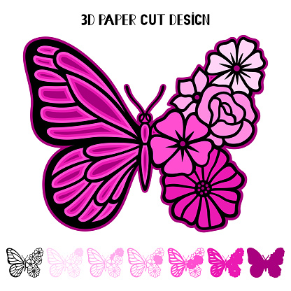 3D butterfly with flowers. Vector layered template for laser and paper cutting.