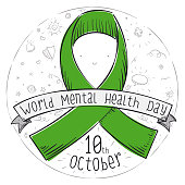 Round button with smiling green ribbon and many doodle drawings inside of it, representing precepts and good mental issued during World Mental Health Day celebration in October 10.