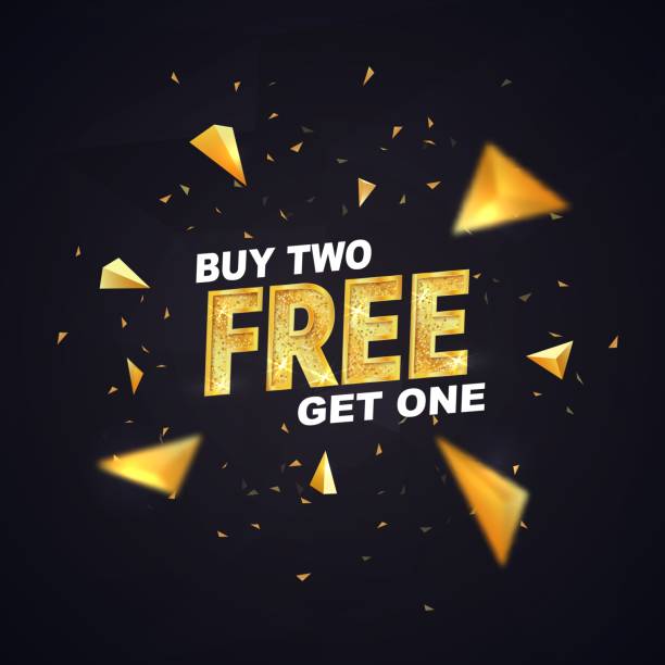 Buy two get one free on dark background vector illustration. Isolated design elements. Best offer shopping template with golden triangles Buy two get one free on dark background vector illustration. Isolated design elements Best offer shopping template with golden triangles free commercial use stock illustrations