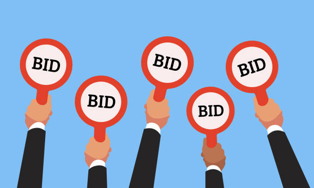 Buyers hands raising auction bid paddles with numbers of competitive price. Auction business bidders raise hand vector concept Businessman buyers hands raising auction bid paddles with numbers of competitive bidding price. Auction business bidders raise hand on blue background flat vector concept illustration auction stock illustrations