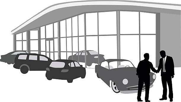 Buying A Car At The Dealership A vector silhouette illustration of a sales man shaking the hand of a customer at a car dealership outside with several cars inside and outside of the building. window silhouettes stock illustrations
