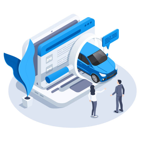 buying a car online isometric vector image on a white background, a laptop icon and a car driving out of a magnifier, a man and a woman choose a car to buy online used car sale stock illustrations