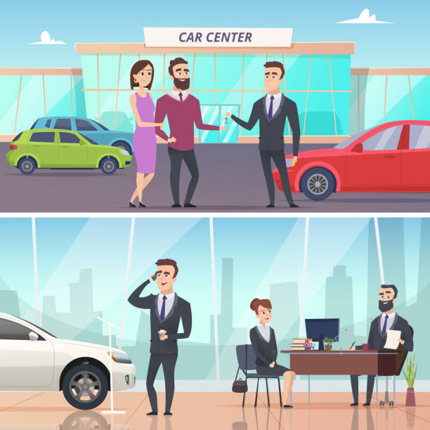 araba satın almak. satmak ve araba sergi reklam afiş kavramı vektör karakterler oto kiralama - car dealership stock illustrations