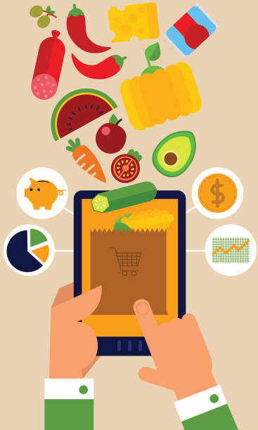インターネットデジタルタブレットeコマースで食品やスーパーマーケットの食料品を購入 - とうもろこし チリ共和国点のイラスト素材／クリップアート素材／マンガ素材／アイコン素材