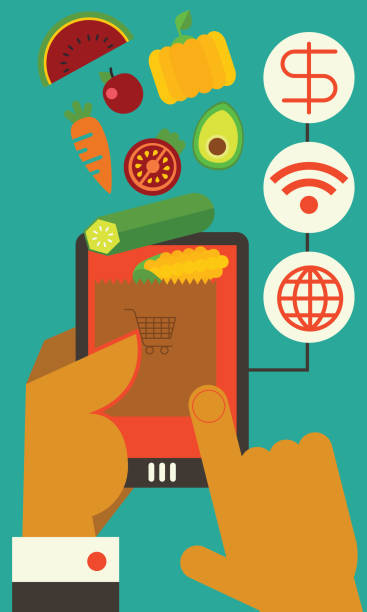 インターネットワイヤレス技術携帯電話eコマースで食品やスーパーマーケットの食料品を購入 - とうもろこし チリ共和国点のイラスト素材／クリップアート素材／マンガ素材／アイコン素材