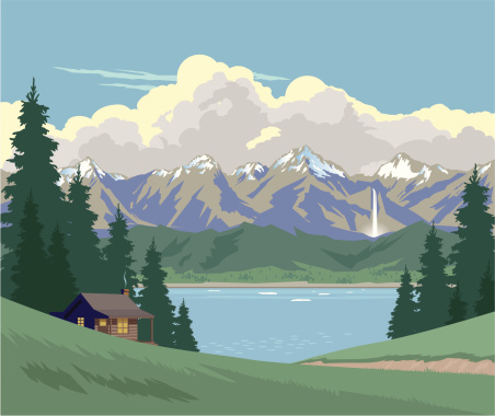 Log cabin in the mountains with a waterfall and tall fir trees beside a lake with ice floes. Sky is blue with some stylised clouds. Art on easily edited layers. Download includes a large high-res jpeg.