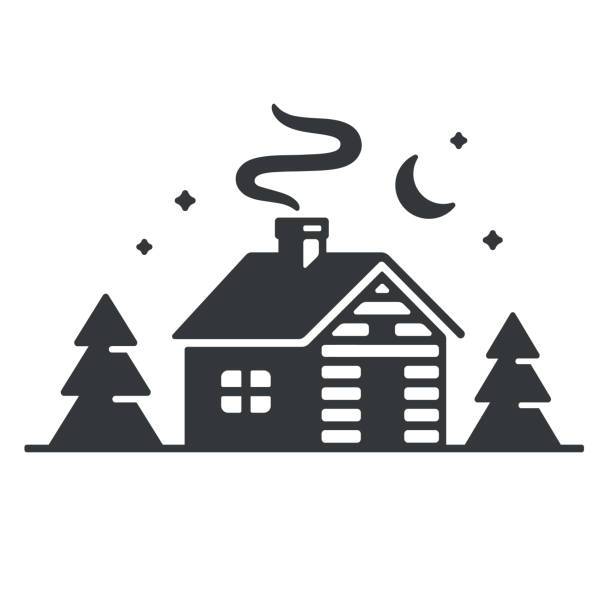 Cabin in woods icon Log cabin in woods icon. Simple wooden cottage at night, vector illustration. hut stock illustrations