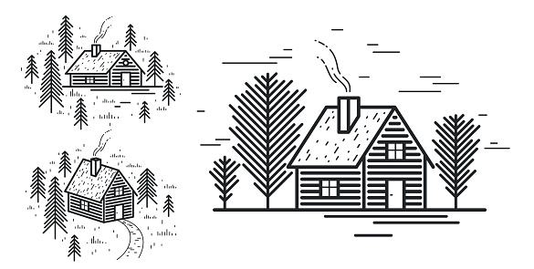 Cabin in woods pine forest linear vector nature illustration isolated on white, log cabin cottage for rest, holidays and vacations theme line art drawing, beauty in nature, woodhouse resort.