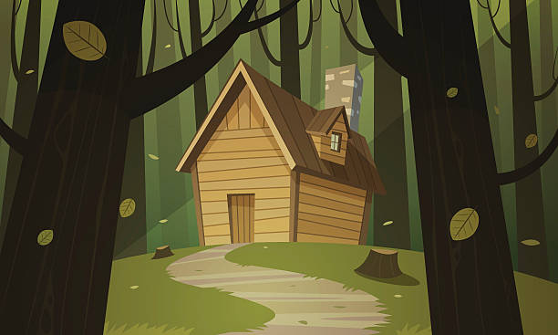 Cabin in woods Cartoon illustration of the summer forest landscape with wooden cabin. hut stock illustrations