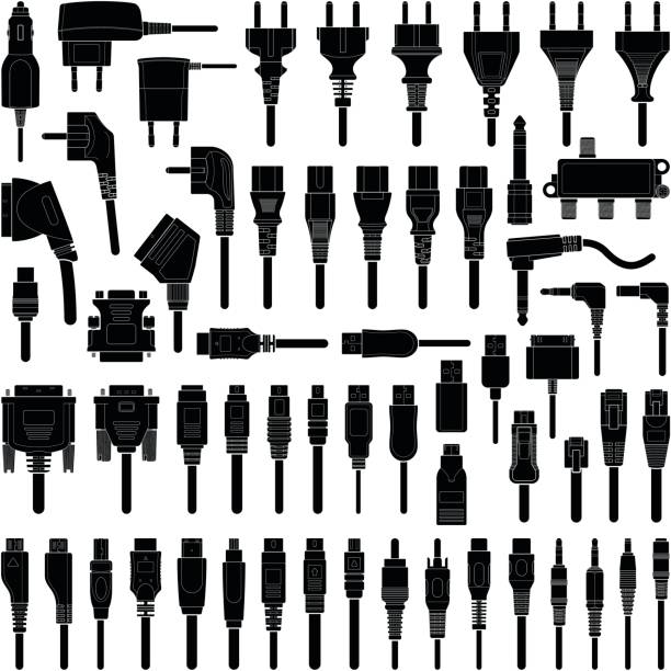 Cable wire and electric plug Cable wire and electric plug collection - vector silhouette illustration internet cable stock illustrations