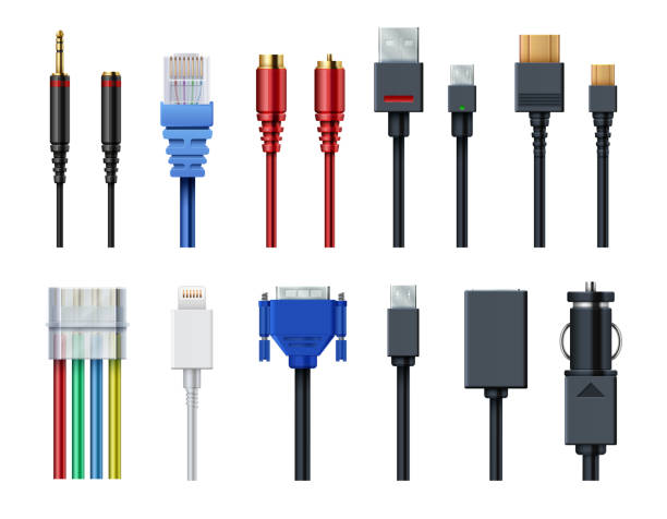 Cable wire computer video, audio, usb, hdmi, network and electric conectors and plugs vector set isolated Cable wire computer video, audio, usb, hdmi, network and electric conectors and plugs vector set isolated. Socket and wire, connector usb and audio. Vector illustration internet cable stock illustrations