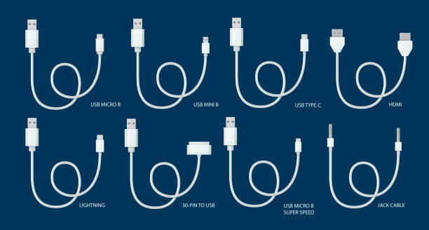 USB cables set. Type A, B and type C plugs, mini, micro, lightning, hdmi, 30-pin, jack. Universal computer white cable connectors.Vector illustration in cartoon style. USB cables set. Type A, B and type C plugs, mini, micro, lightning, hdmi, 30-pin, jack. Universal computer white cable connectors.Vector illustration in cartoon style. usb cable stock illustrations