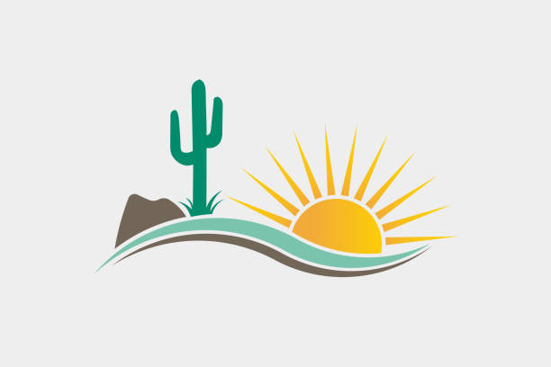 Cactus Desert Western icon Illustration Sunny Desert scene with cactus and stone southwest stock illustrations