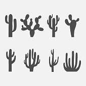 Cactus vector icon set isolated on a white background. Dark silhouettes of desert or wild cactus. Collection of cactuses mainly Mexico and the Arizona desert.