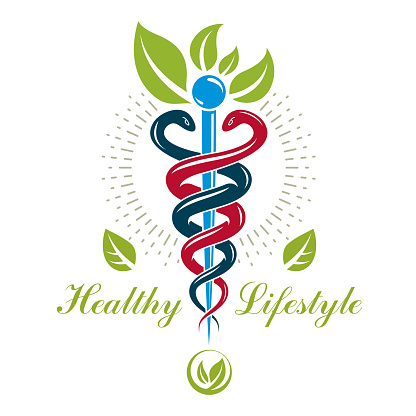 Caduceus medical symbol, graphic vector emblem for use in healthcare. Phytotherapy metaphor.