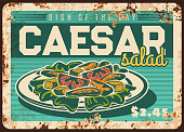istock Caesar salad rusty metal plate, vector price tag 1304648729