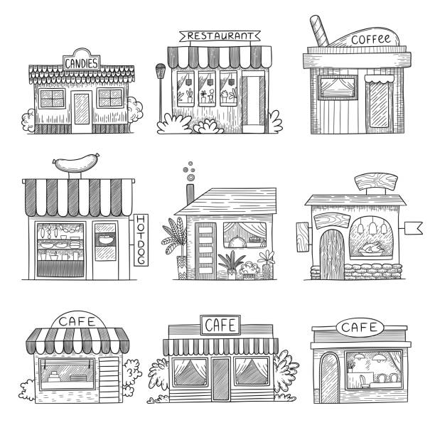 Cafe buildings. Hand drawn shop restaurants small vector buildings set Cafe buildings. Hand drawn shop restaurants small vector buildings set. Illustration building architecture, sketch storefront, facade and showcase store drawings stock illustrations