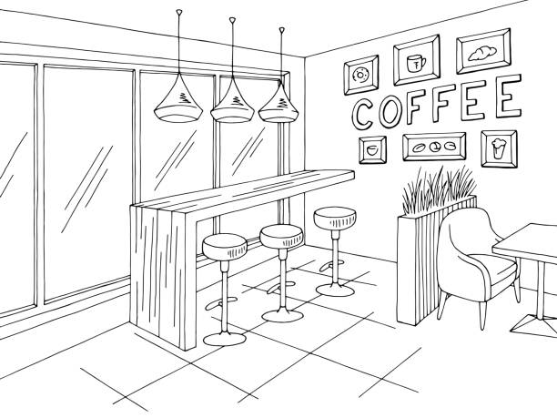 Cafe interior graphic black white sketch illustration vector Cafe interior graphic black white sketch illustration vector store designs stock illustrations
