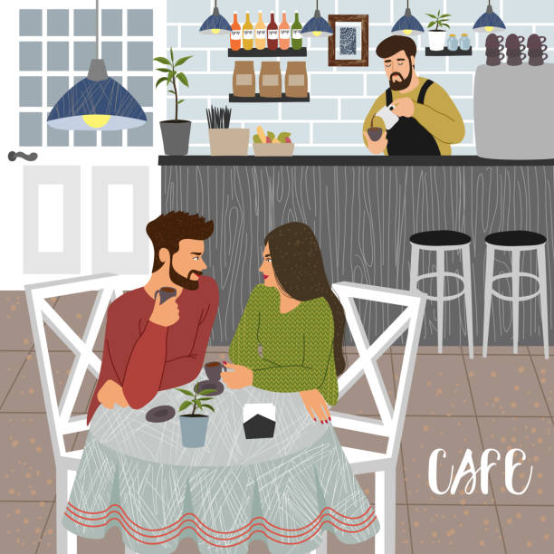bildbanksillustrationer, clip art samt tecknat material och ikoner med cafe. människor vid ett bord i ett trendigt kaffehus och barista i bakgrunden bakom baren i interiören. par pratar och dricker kaffe. vektor söt illustration i platt stil. - walk and talk